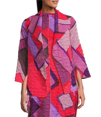 IC Collection Waffle Knit Geometric Color Block Open Collar Bracelet Sleeve Jacket