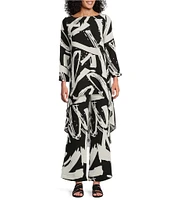 IC Collection Woven Abstract Boat Neck Long Sleeve High-Low Top