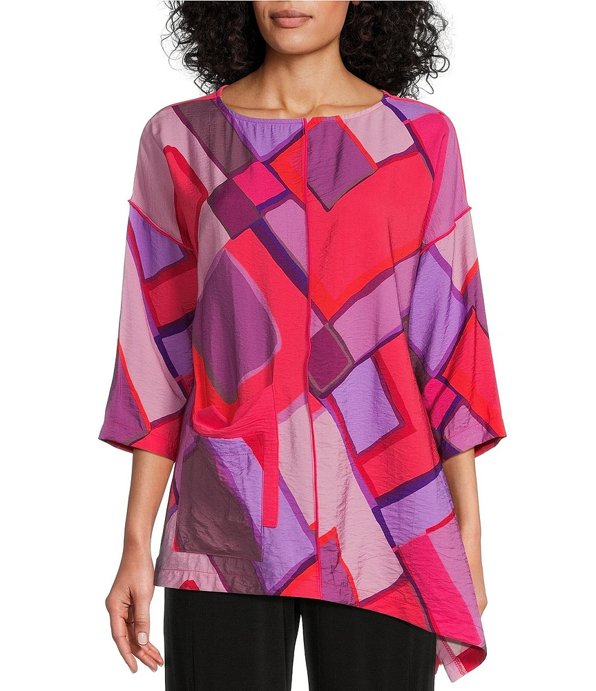 IC Collection Woven Abstract Print Boat Neck 3/4 Sleeve Asymmetrical Hem Tunic