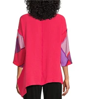 IC Collection Woven Abstract Print Boat Neck 3/4 Sleeve Asymmetrical Hem Tunic