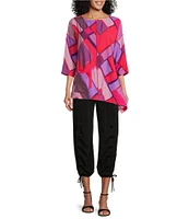 IC Collection Woven Abstract Print Boat Neck 3/4 Sleeve Asymmetrical Hem Tunic
