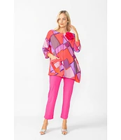 IC Collection Woven Abstract Print Boat Neck 3/4 Sleeve Asymmetrical Hem Tunic