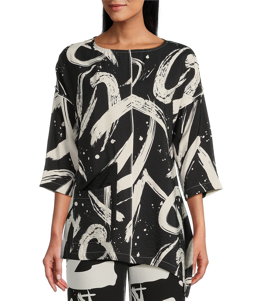 IC Collection Woven Abstract Print Boat Neck 3/4 Sleeve Asymmetrical Tunic