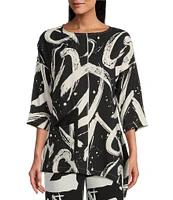 IC Collection Woven Abstract Print Boat Neck 3/4 Sleeve Asymmetrical Tunic