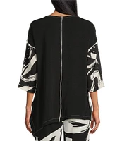 IC Collection Woven Abstract Print Boat Neck 3/4 Sleeve Asymmetrical Tunic