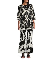 IC Collection Woven Abstract Print Boat Neck 3/4 Sleeve Asymmetrical Tunic
