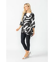 IC Collection Woven Abstract Print Boat Neck 3/4 Sleeve Asymmetrical Tunic