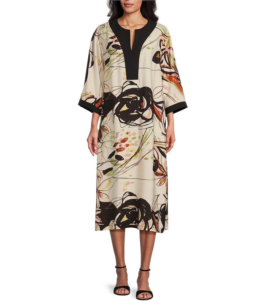 IC Collection Woven Abstract Print Open Henley Neck 3/4 Sleeve Shift Dress