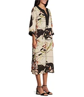 IC Collection Woven Abstract Print Open Henley Neck 3/4 Sleeve Shift Dress