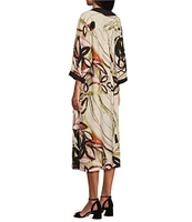 IC Collection Woven Abstract Print Open Henley Neck 3/4 Sleeve Shift Dress