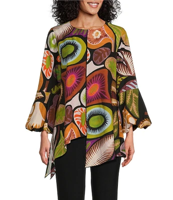 IC Collection Woven Abstract Print Round Neck Long Puff Sleeve High-Low Hem Tunic