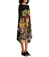 IC Collection Woven Abstract Print Scoop Neck Long Sleeve Contrast Sheath Dress