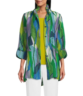IC Collection Woven Abstract Print Wire Collar Bracelet Sleeve Button Front Jacket