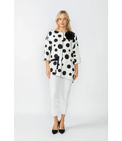 IC Collection Woven Dot Print Boat Neck 3/4 Sleeve Asymmetrical Tunic