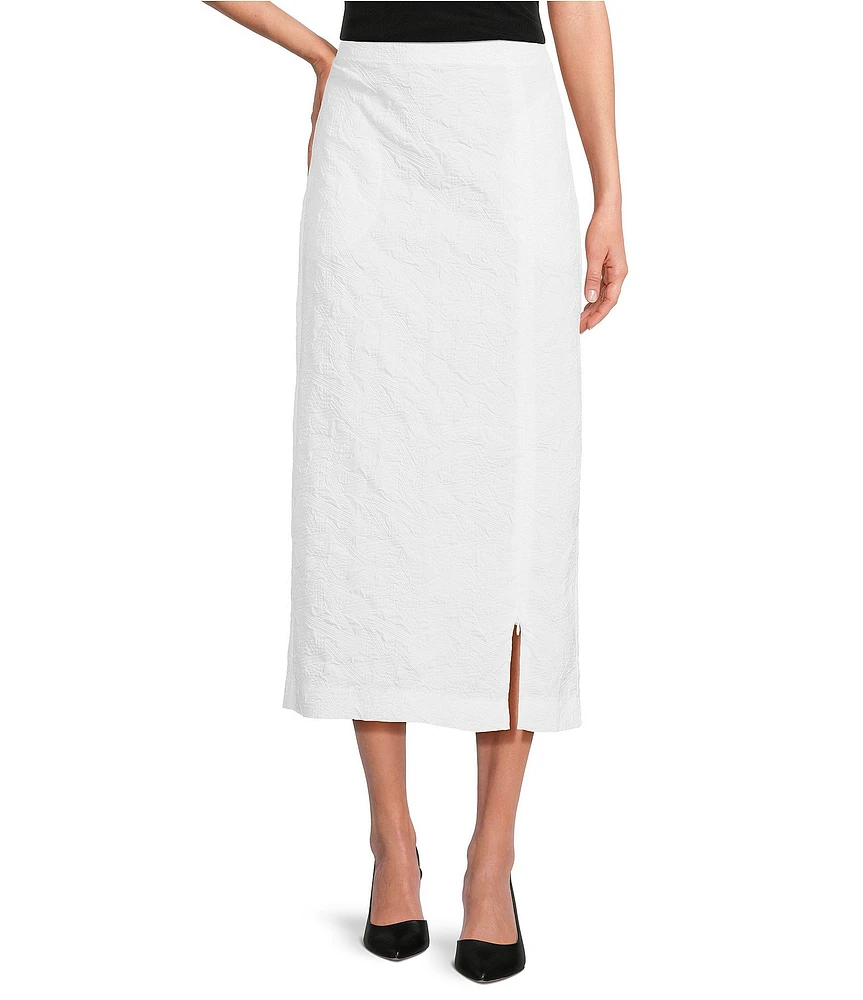 IC Collection Woven Elastic Waist Side Slit Pencil Midi Skirt