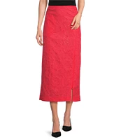 IC Collection Woven Elastic Waist Side Slit Pencil Midi Skirt