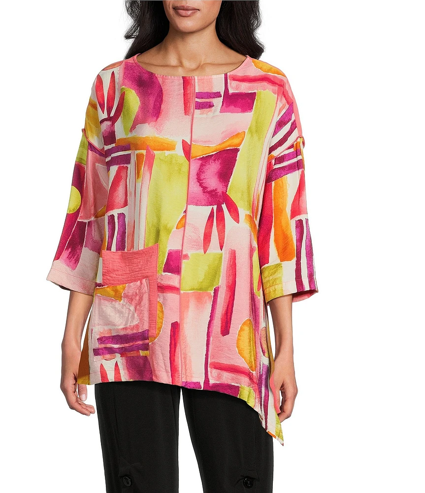 IC Collection Woven Geo Print Boat Neck 3/4 Sleeves Asymmetrical Tunic