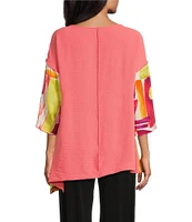 IC Collection Woven Geo Print Boat Neck 3/4 Sleeves Asymmetrical Tunic