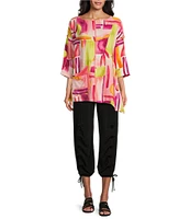 IC Collection Woven Geo Print Boat Neck 3/4 Sleeves Asymmetrical Tunic