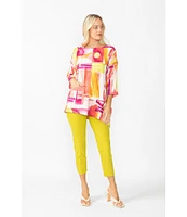 IC Collection Woven Geo Print Boat Neck 3/4 Sleeves Asymmetrical Tunic