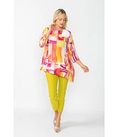 IC Collection Woven Geo Print Boat Neck 3/4 Sleeves Asymmetrical Tunic