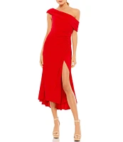 Ieena for Mac Duggal Asymmetric One Shoulder Thigh High Slit Jersey Midi Dress