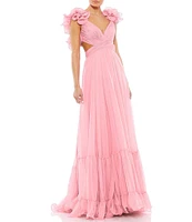 Ieena Mac Duggal Chiffon V-Neck Sleeveless Cut-Out Strappy Back Detail Tiered Ruffle Hem Gown