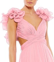 Ieena Mac Duggal Chiffon V-Neck Sleeveless Cut-Out Strappy Back Detail Tiered Ruffle Hem Gown