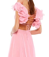 Ieena Mac Duggal Chiffon V-Neck Sleeveless Cut-Out Strappy Back Detail Tiered Ruffle Hem Gown