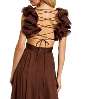 Ieena Mac Duggal Chiffon V-Neck Sleeveless Cut-Out Strappy Back Detail Tiered Ruffle Hem Gown