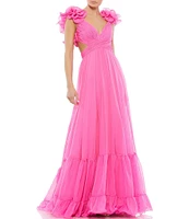 Ieena Mac Duggal Chiffon V-Neck Sleeveless Cut-Out Strappy Back Detail Tiered Ruffle Hem Gown