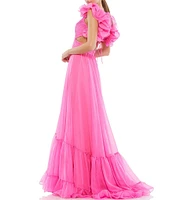 Ieena Mac Duggal Chiffon V-Neck Sleeveless Cut-Out Strappy Back Detail Tiered Ruffle Hem Gown