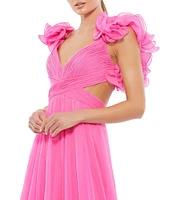 Ieena Mac Duggal Chiffon V-Neck Sleeveless Cut-Out Strappy Back Detail Tiered Ruffle Hem Gown