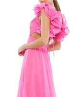 Ieena Mac Duggal Chiffon V-Neck Sleeveless Cut-Out Strappy Back Detail Tiered Ruffle Hem Gown