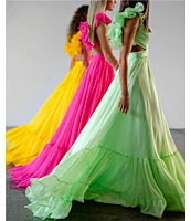 Ieena Mac Duggal Chiffon V-Neck Sleeveless Cut-Out Strappy Back Detail Tiered Ruffle Hem Gown