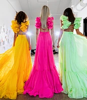 Ieena Mac Duggal Chiffon V-Neck Sleeveless Cut-Out Strappy Back Detail Tiered Ruffle Hem Gown