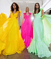 Ieena Mac Duggal Chiffon V-Neck Sleeveless Cut-Out Strappy Back Detail Tiered Ruffle Hem Gown