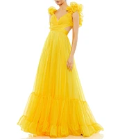 Ieena Mac Duggal Chiffon V-Neck Sleeveless Cut-Out Strappy Back Detail Tiered Ruffle Hem Gown