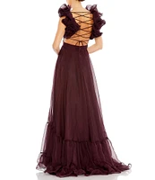 Ieena Mac Duggal Chiffon V-Neck Sleeveless Cut-Out Strappy Back Detail Tiered Ruffle Hem Gown