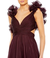 Ieena Mac Duggal Chiffon V-Neck Sleeveless Cut-Out Strappy Back Detail Tiered Ruffle Hem Gown