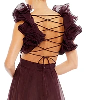 Ieena Mac Duggal Chiffon V-Neck Sleeveless Cut-Out Strappy Back Detail Tiered Ruffle Hem Gown