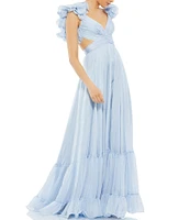 Ieena Mac Duggal Chiffon V-Neck Sleeveless Cut-Out Strappy Back Detail Tiered Ruffle Hem Gown