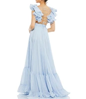 Ieena Mac Duggal Chiffon V-Neck Sleeveless Cut-Out Strappy Back Detail Tiered Ruffle Hem Gown