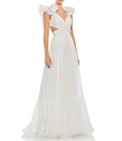 Ieena Mac Duggal Chiffon V-Neck Sleeveless Cut-Out Strappy Back Detail Tiered Ruffle Hem Gown
