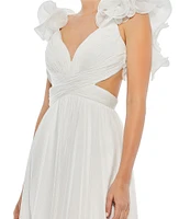 Ieena Mac Duggal Chiffon V-Neck Sleeveless Cut-Out Strappy Back Detail Tiered Ruffle Hem Gown