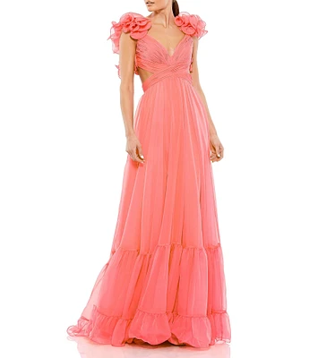 Ieena Mac Duggal Chiffon V-Neck Sleeveless Cut-Out Strappy Back Detail Tiered Ruffle Hem Gown