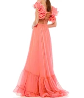 Ieena Mac Duggal Chiffon V-Neck Sleeveless Cut-Out Strappy Back Detail Tiered Ruffle Hem Gown