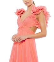 Ieena Mac Duggal Chiffon V-Neck Sleeveless Cut-Out Strappy Back Detail Tiered Ruffle Hem Gown