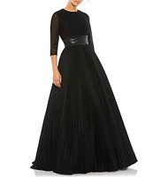 Ieena for Mac Duggal Crew Neck 3/4 Sleeve Shimmering Ball Gown