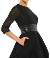 Ieena for Mac Duggal Crew Neck 3/4 Sleeve Shimmering Ball Gown